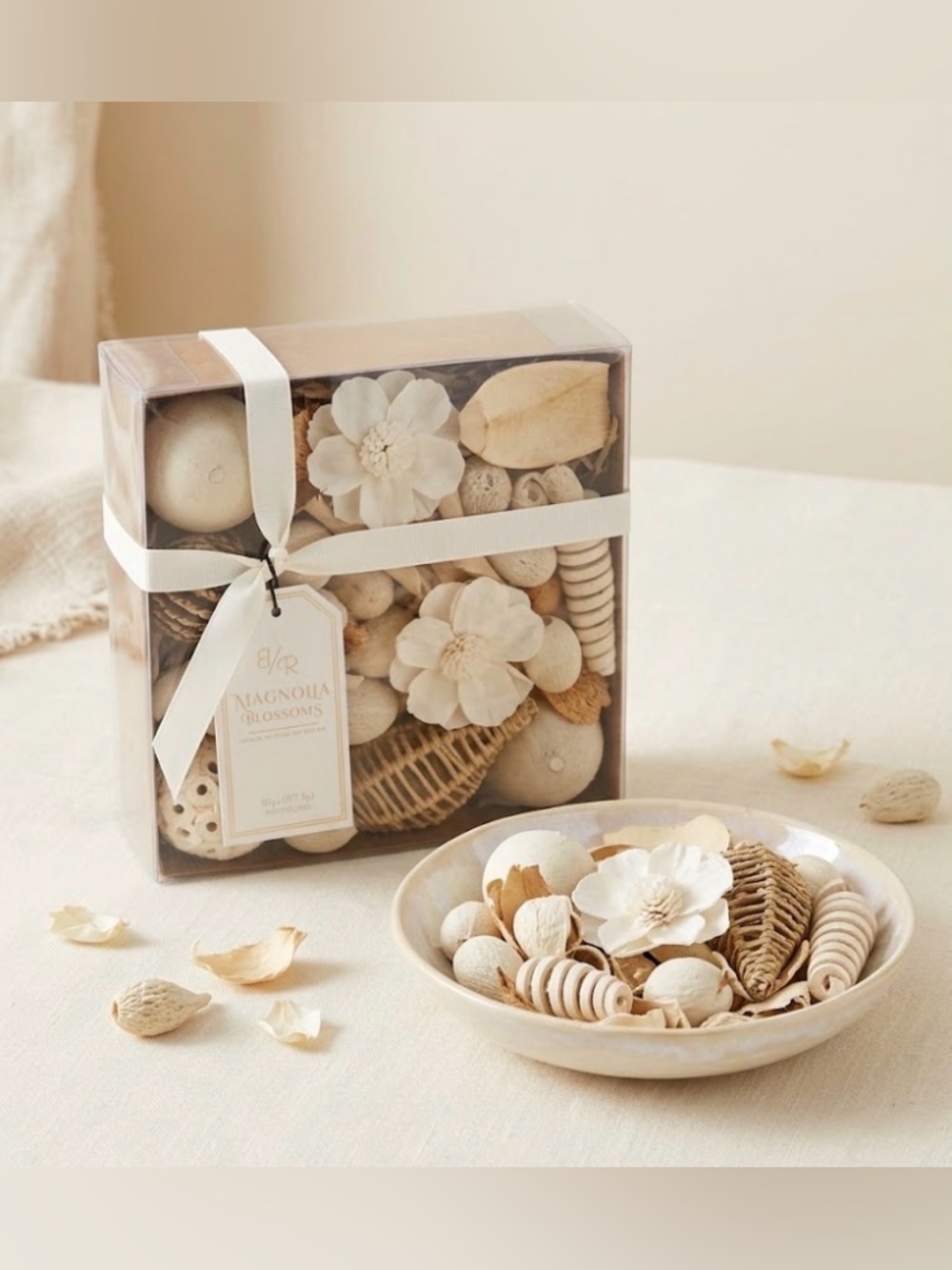 Julia Raymond magnolia blossoms, scented potpourri decorative bowl filler